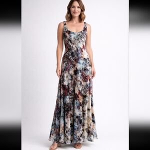 Kasper Dress  Womens 10 Floral Midi A Line Tiered Chiffon Fringed Lettuce Hem